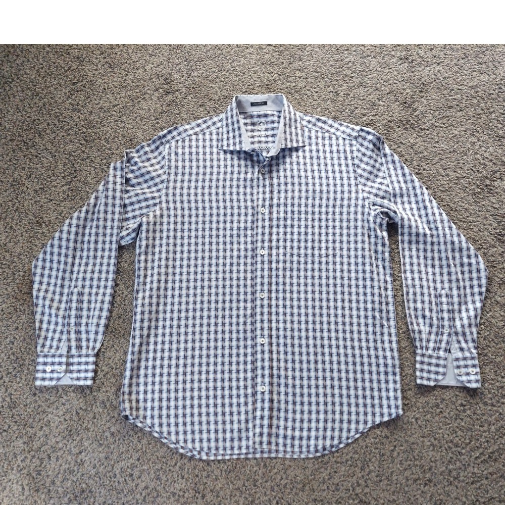 Bugatchi Button Down Mens XL Blue Geometric Classic Fit 100% Cotton Shirt Dressy